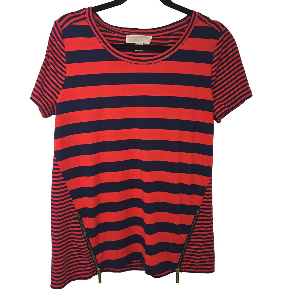 Michael Kors Women's Large Red Navy Striped Zipper Accent Short Sleeve Tunic Top